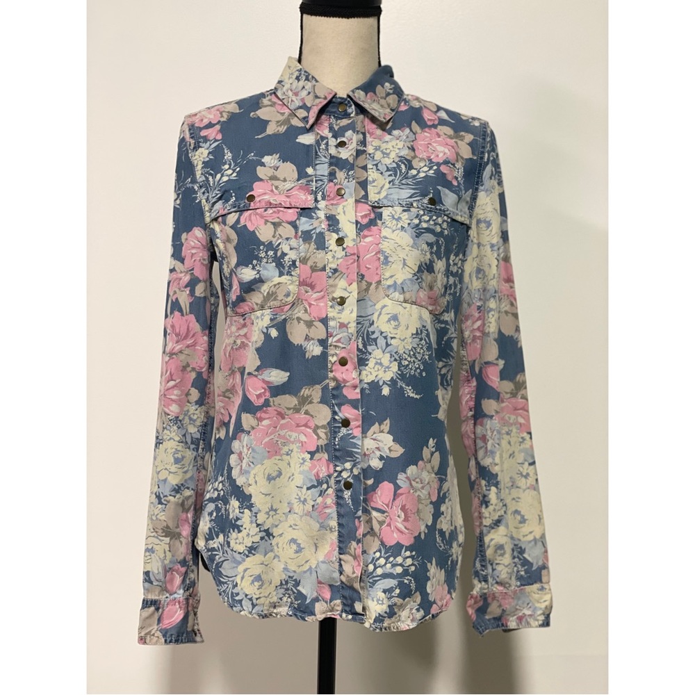 Guess Jeans Snap Front Vintage Floral Top Blue & Pink Size XS